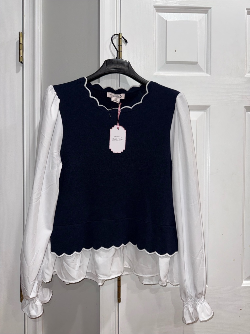 Nanette Lepore Navy Sweater-Front Top with White Blouse Sleeves